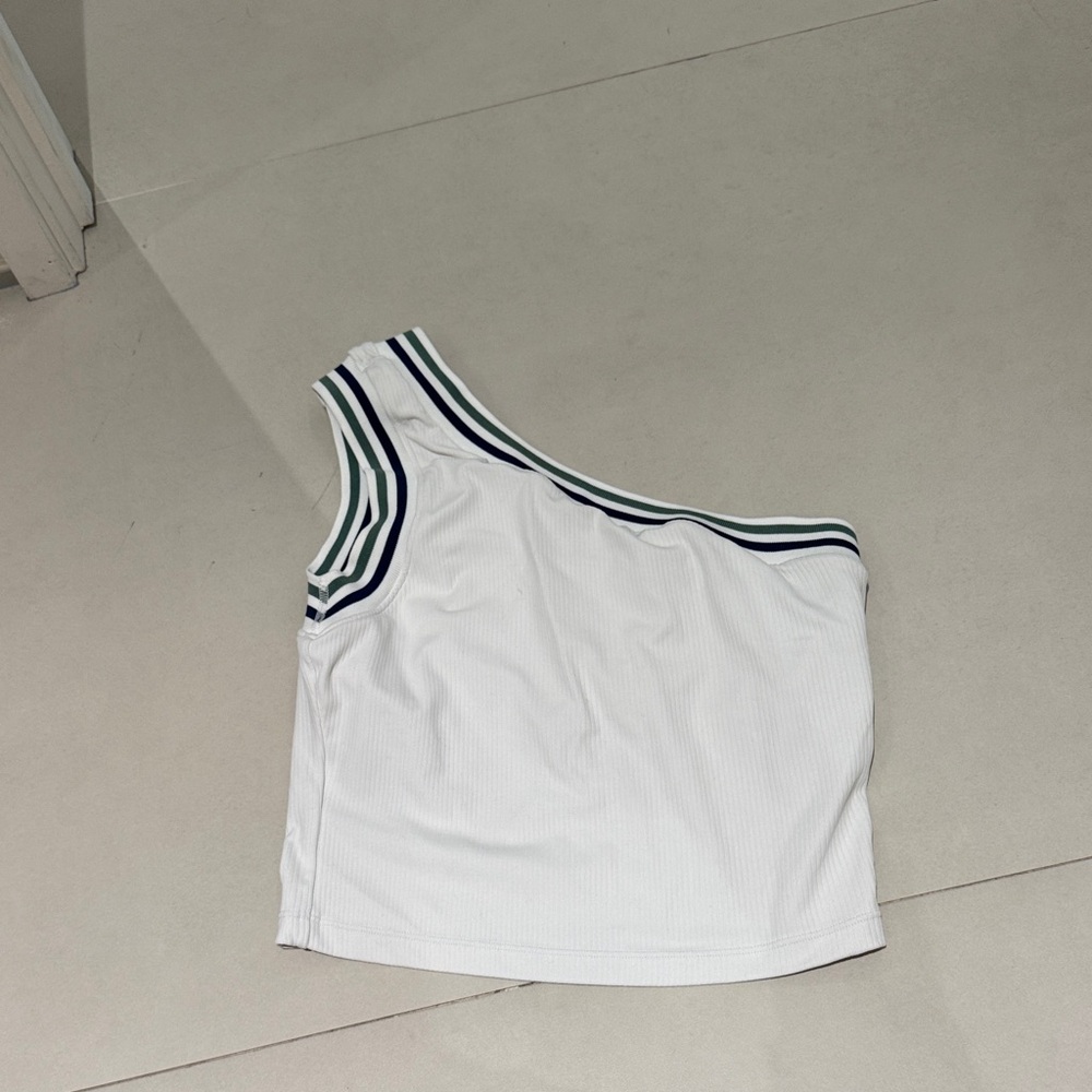 IVL White One-Shoulder Tank Top with Striped Trim